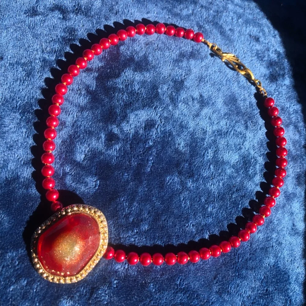 Handcrafted repurpose faceted glitter dome pendant Czech glass Pearl necklace